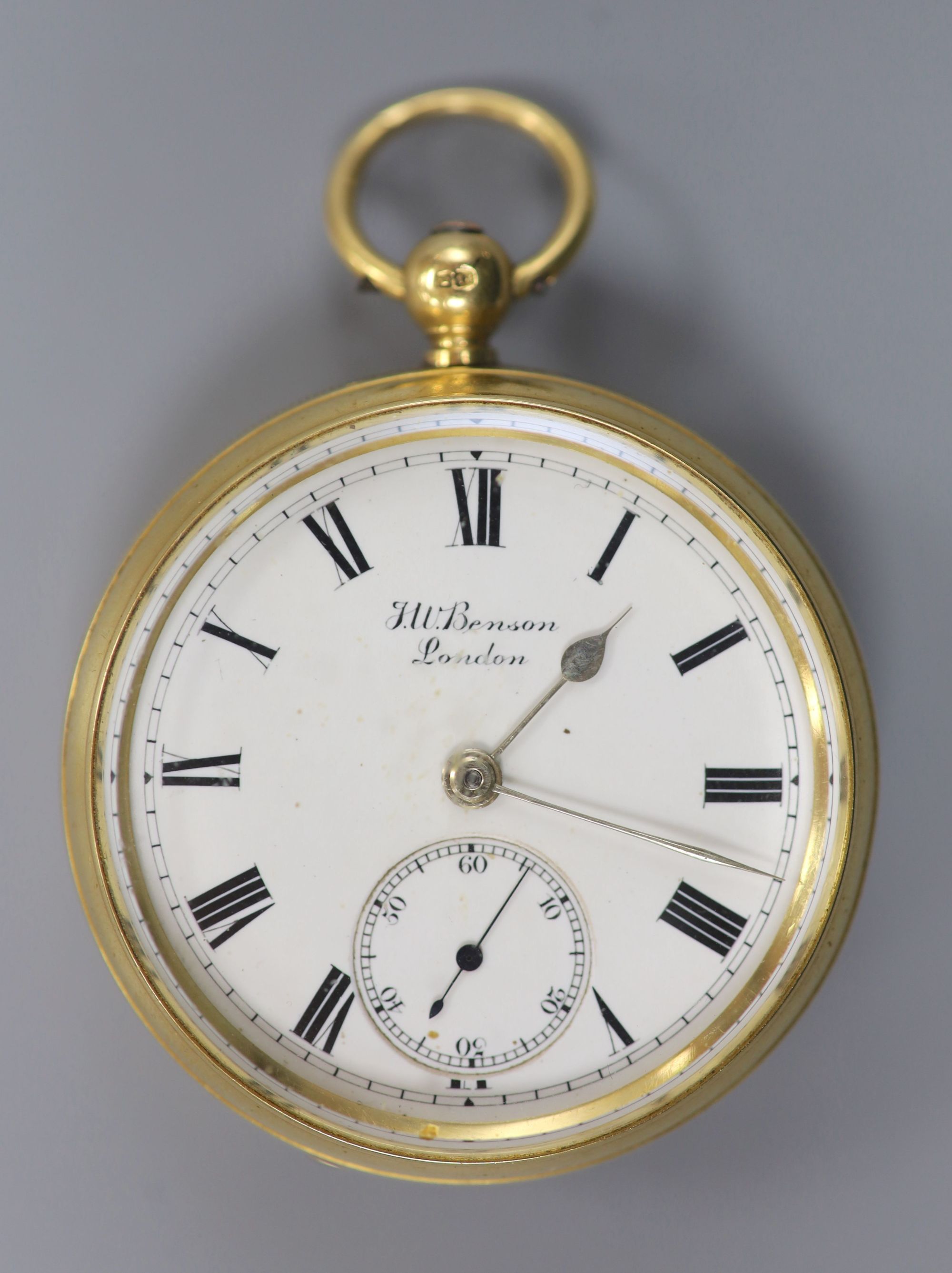 An Edwardian 18ct gold open faced J.W. Benson The Ludgate keywind lever pocket watch, case diameter 48mm, gross 115.3 grams.